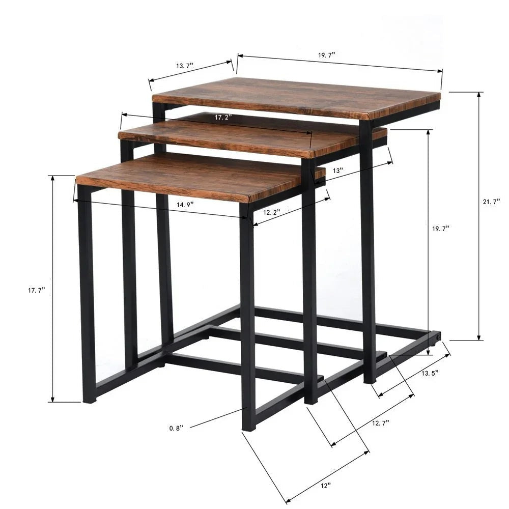 Set of 3 Stacking Nesting Coffee Tables – Sheesham Wood with Powder-Coated Metal Frame | Side, End & TV Tray Tables