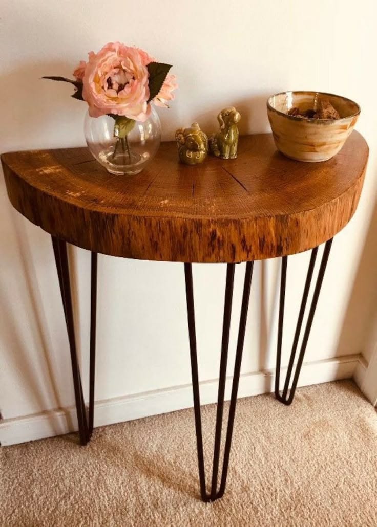 Live Edge Console Table with Hairpin Legs | Half-Moon Solid Wood Entryway Table