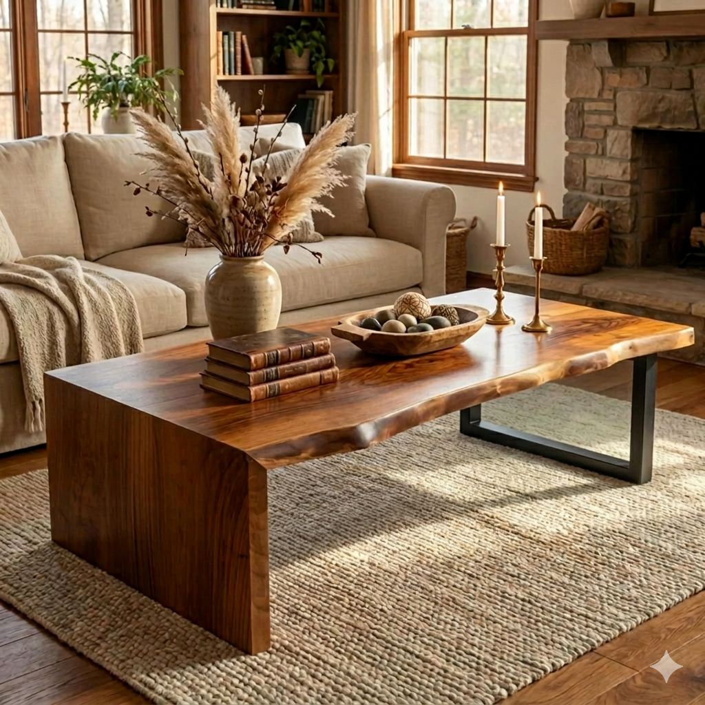 Live Edge Waterfall Coffee Table with Glass Legs – Solid Sheesham Wood Luxury Center Table | Aureus Living Pakistan