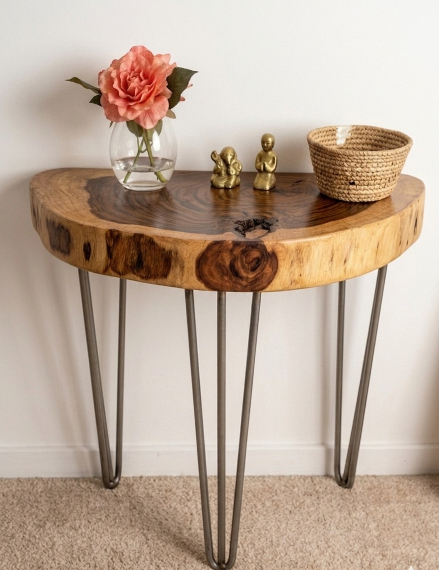 Live Edge Console Table with Hairpin Legs | Half-Moon Solid Wood Entryway Table