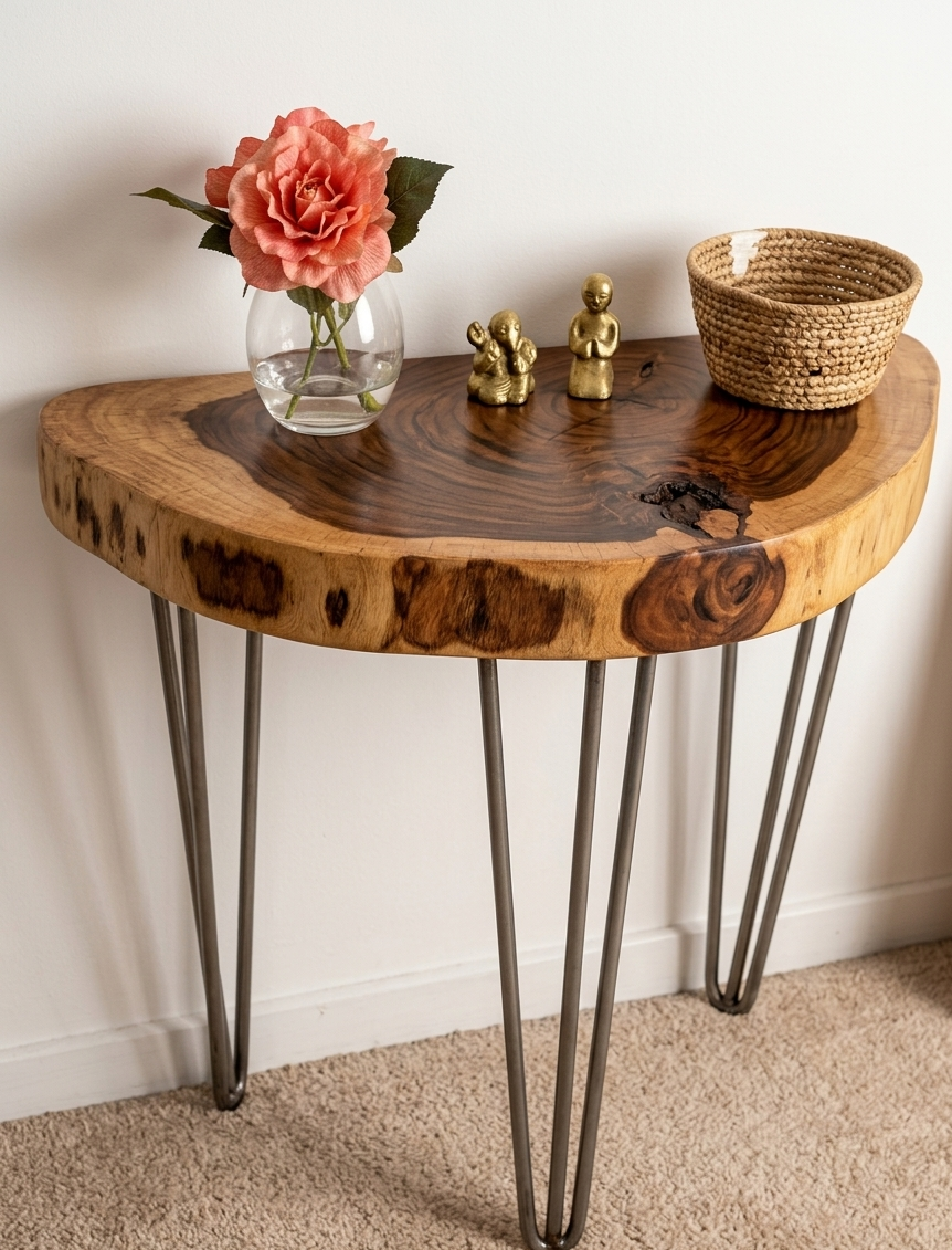 Live Edge Console Table with Hairpin Legs | Half-Moon Solid Wood Entryway Table