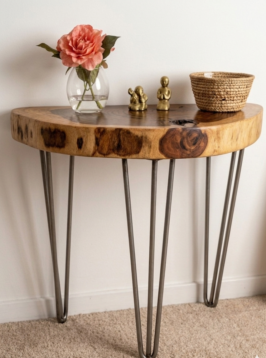 Live Edge Console Table with Hairpin Legs | Half-Moon Solid Wood Entryway Table
