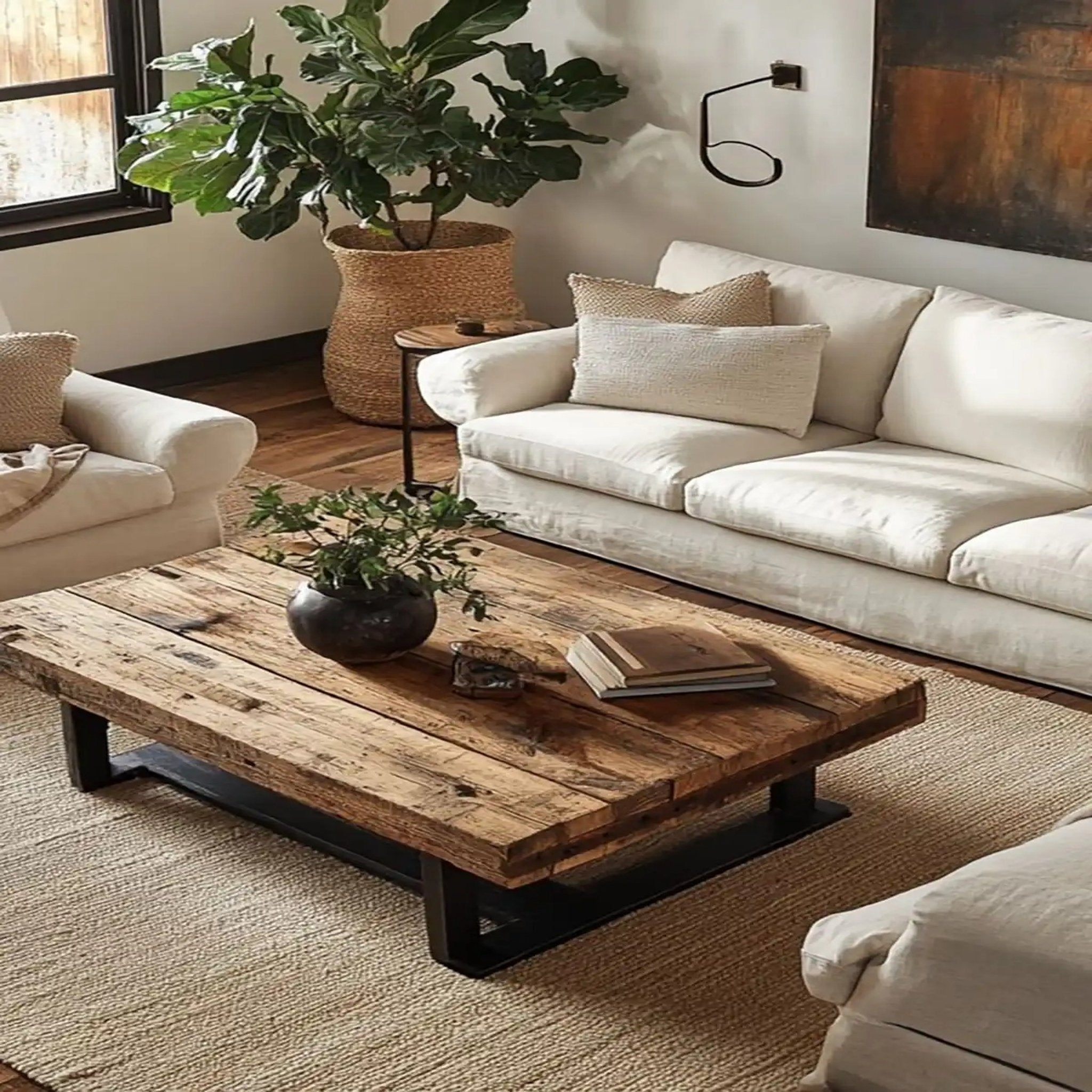 Rustic Sheesham Plank Central Table – Metal Frame Design