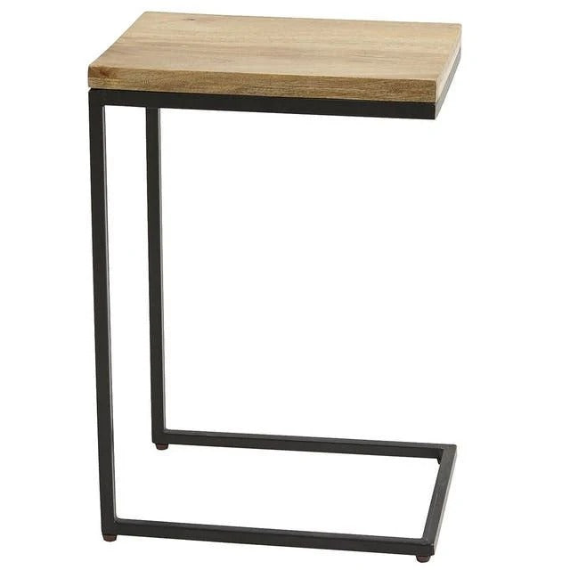 C-Shape Solid Wood Side Table with Metal Base – Modern Sofa Laptop Table | Space Saving Handcrafted Furniture by FURNECRAFT Pakistan