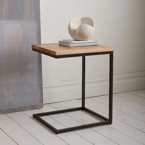 C-Shape Solid Wood Side Table with Metal Base – Modern Sofa Laptop Table | Space Saving Handcrafted Furniture by FURNECRAFT Pakistan