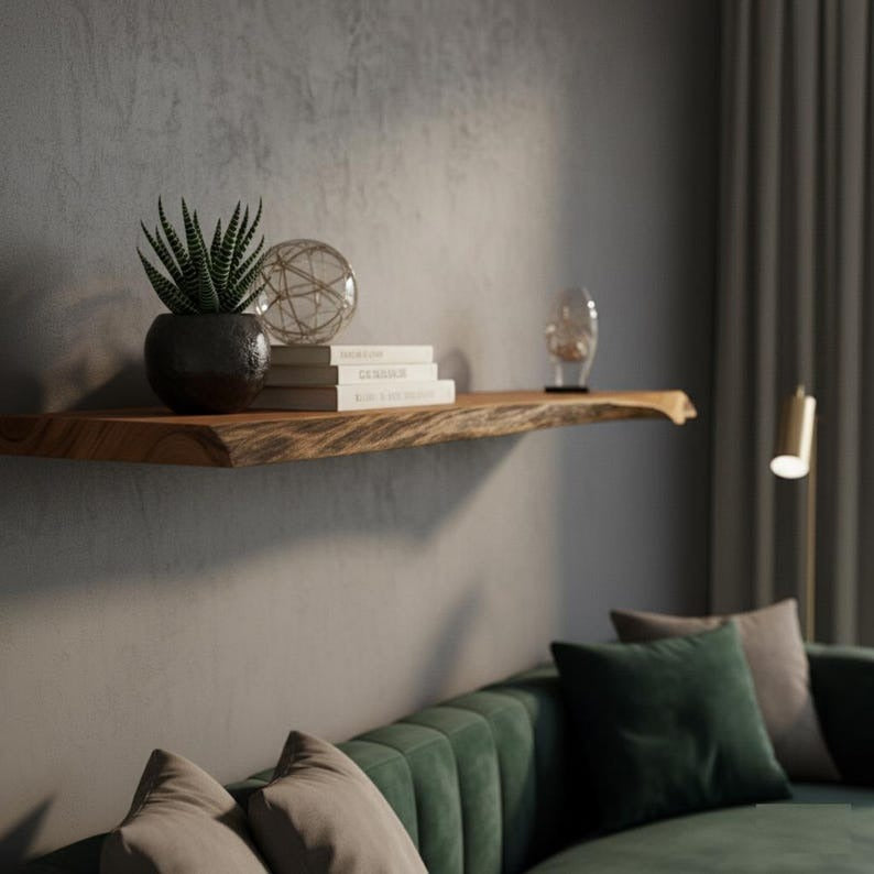 Live Edge Teak Floating Shelf – Rustic Modern Handmade Wood Wall Décor & Kitchen Shelves