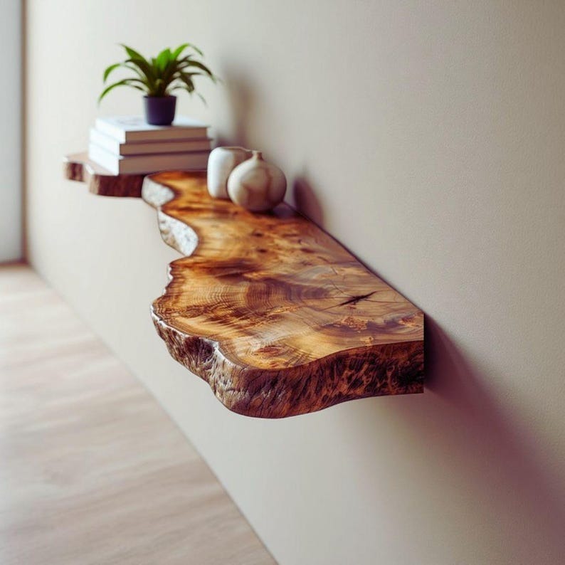 Live Edge Teak Floating Shelf – Rustic Modern Handmade Wood Wall Décor & Kitchen Shelves