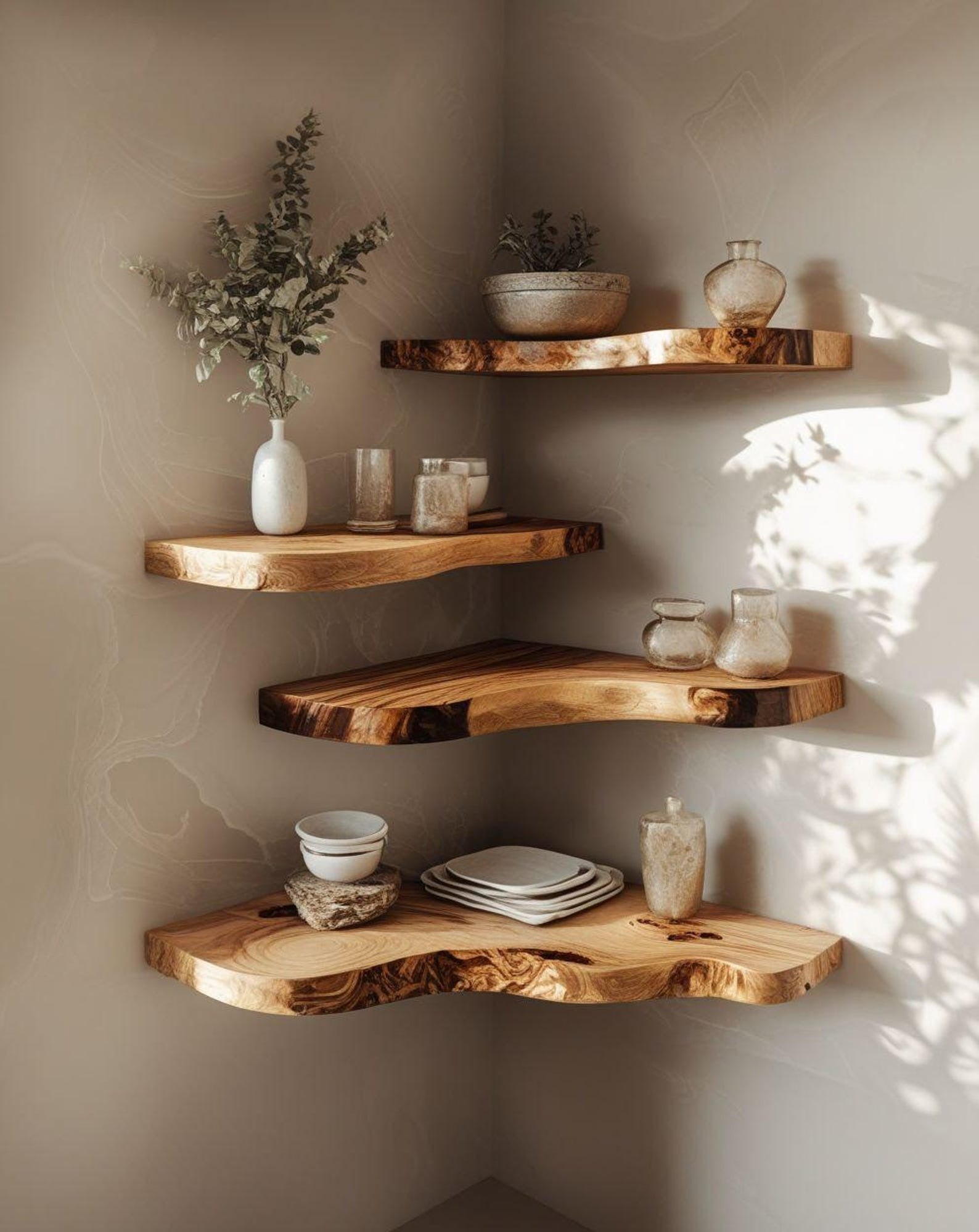 Corner Shelves – Rustic Wooden Floating Corner Shelf | Handcrafted Sheesham Wood with Live Edges for Living Room, Kitchen & Bathroom