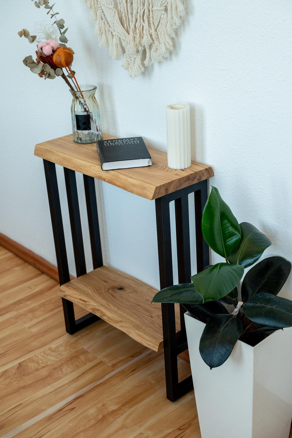 Live Edge Console Table with Shelf – Tall Narrow Entryway Table | Handmade Wood Sofa Table & TV Console Stand