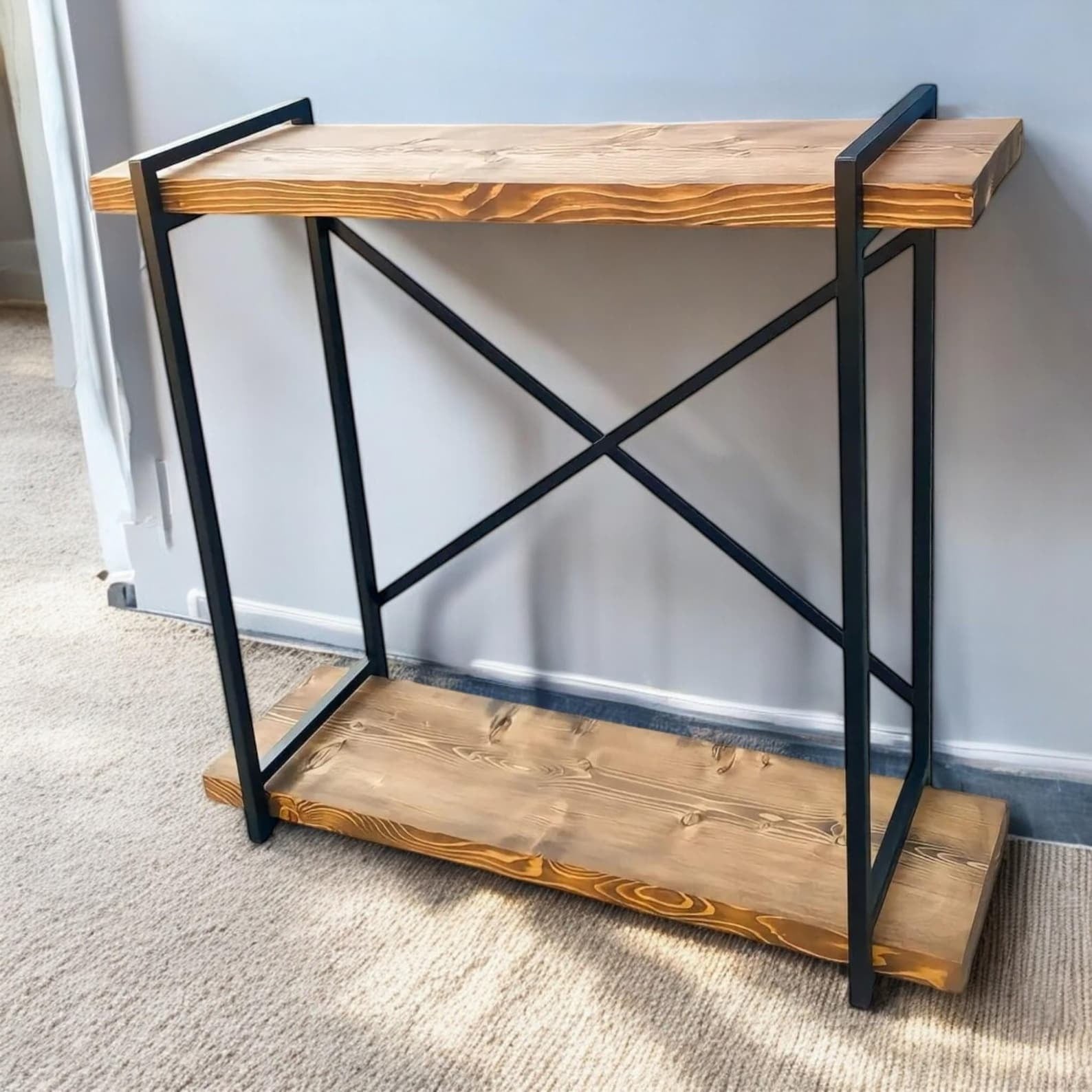 Minimalist Console Table – Narrow Entry Table with Solid Wood Top & Metal Frame | Rustic Modern Elegance