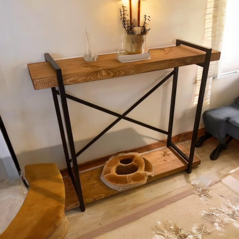 Minimalist Console Table – Narrow Entry Table with Solid Wood Top & Metal Frame | Rustic Modern Elegance