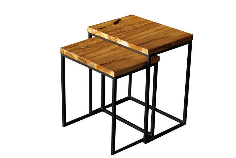 Set of 2 Rectangle Nesting Side Tables – Sheesham Wood End Tables with Metal Frame | Night Stand for Bedroom & Living Room