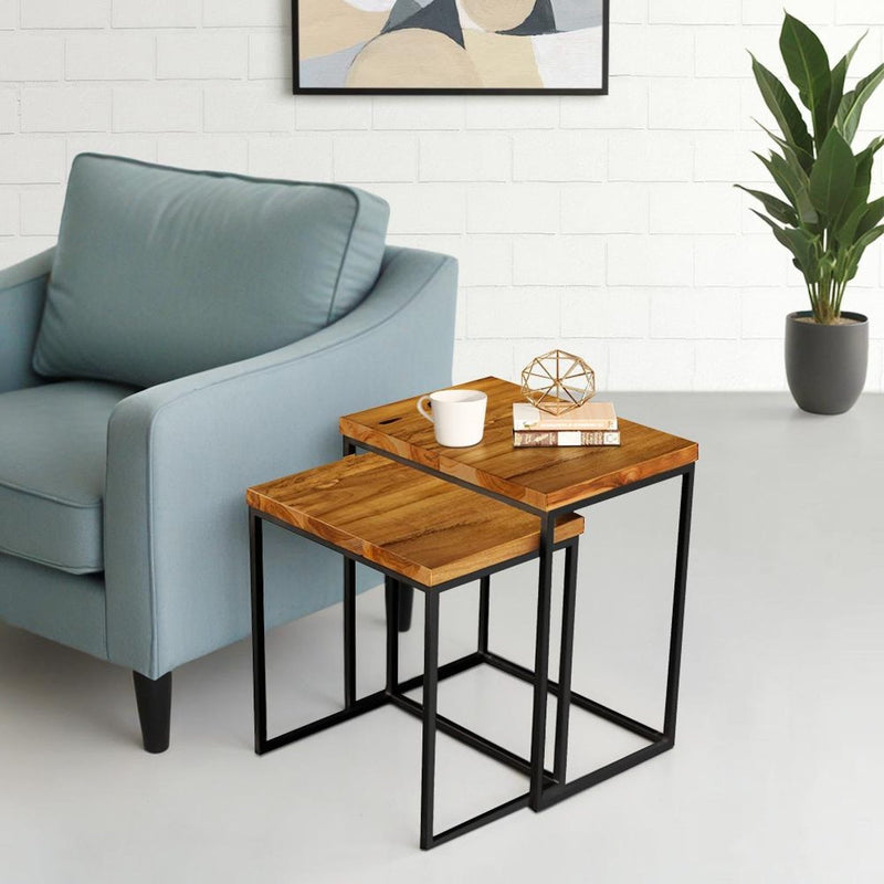 Set of 2 Rectangle Nesting Side Tables – Sheesham Wood End Tables with Metal Frame | Night Stand for Bedroom & Living Room