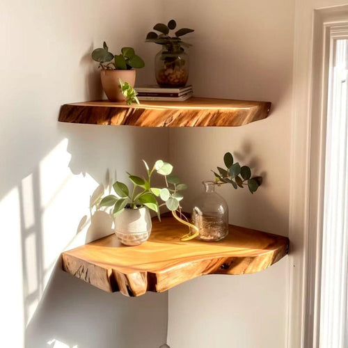 Corner Shelves – Rustic Wooden Floating Corner Shelf | Handcrafted Sheesham Wood with Live Edges for Living Room, Kitchen & Bathroom