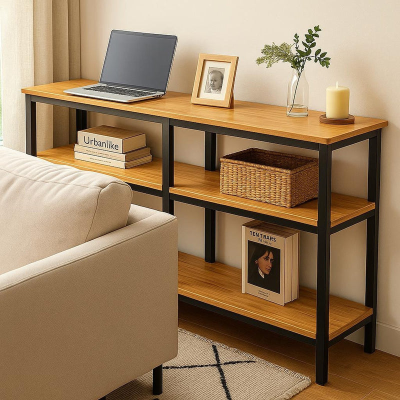 Slim Wood Console Table – Minimalist Industrial Design Behind Sofa Table | Natural Wood Top with Metal Frame
