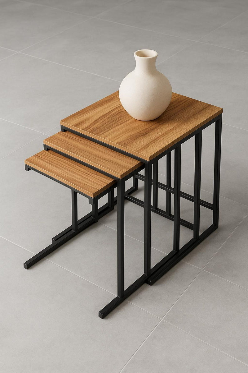 Metal C Industrial Nesting Side Tables – Sheesham Wood Top | Flexible End, Couch & Bedside Tables for Living Room & Bedroom