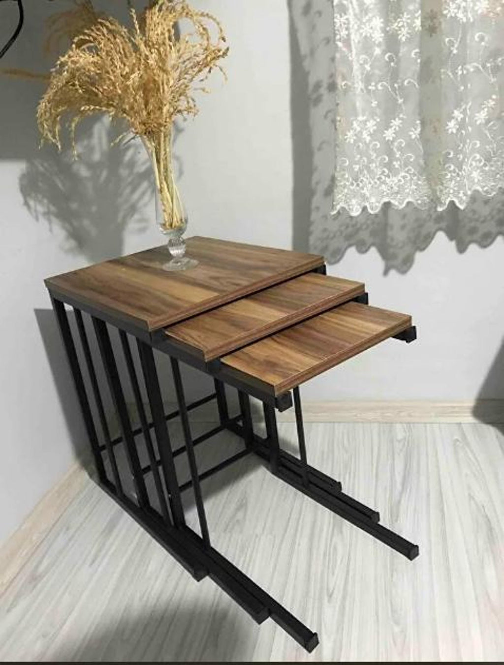 Metal C Industrial Nesting Side Tables – Sheesham Wood Top | Flexible End, Couch & Bedside Tables for Living Room & Bedroom