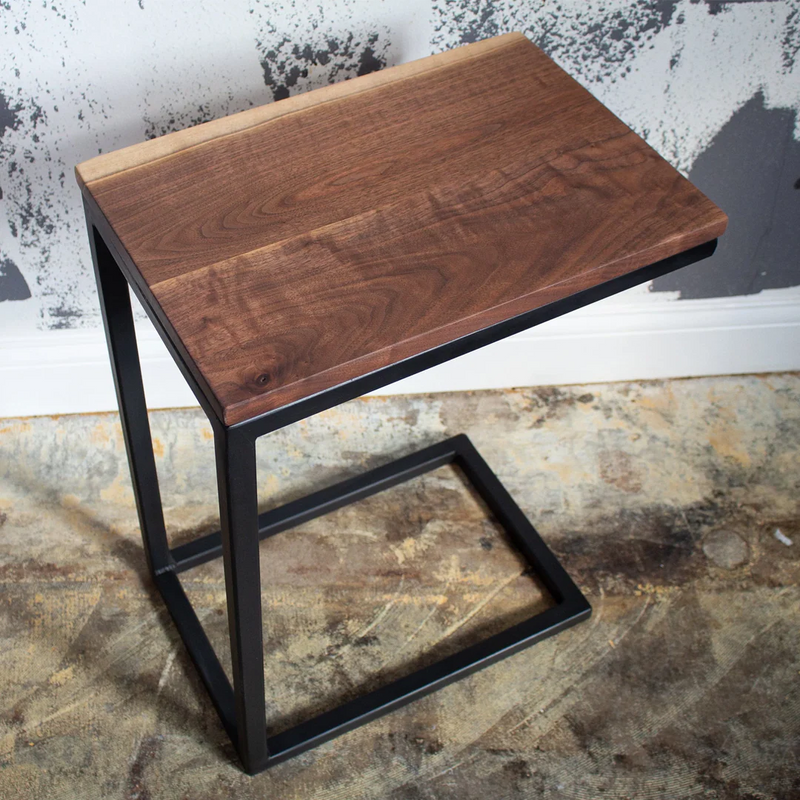 C-Shape Solid Wood Side Table with Metal Base – Modern Sofa Laptop Table | Space Saving Handcrafted Furniture by FURNECRAFT Pakistan