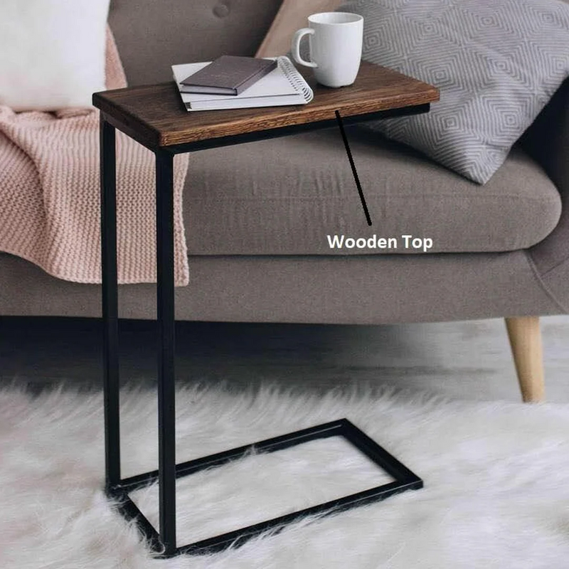 C-Shape Solid Wood Side Table with Metal Base – Modern Sofa Laptop Table | Space Saving Handcrafted Furniture by FURNECRAFT Pakistan